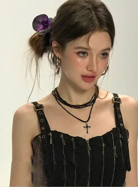 新款黑色复古十字架组合串珠项链