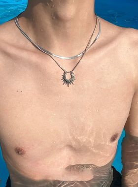 双层叠戴太阳蛇骨链钛钢项链男