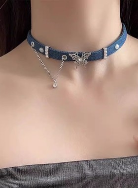 蓝色牛仔蝴蝶项圈女choker项链