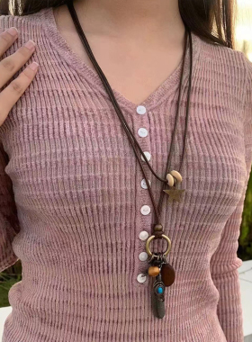 美拉德羽毛皮绳项链民族风吊坠