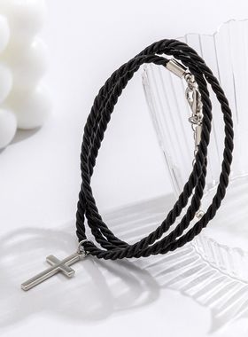 多层编织绳十字架手链简约时尚