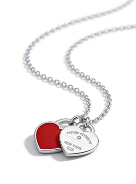 经典双心牌心形牌吊坠滴胶镶钻爱心时尚项链