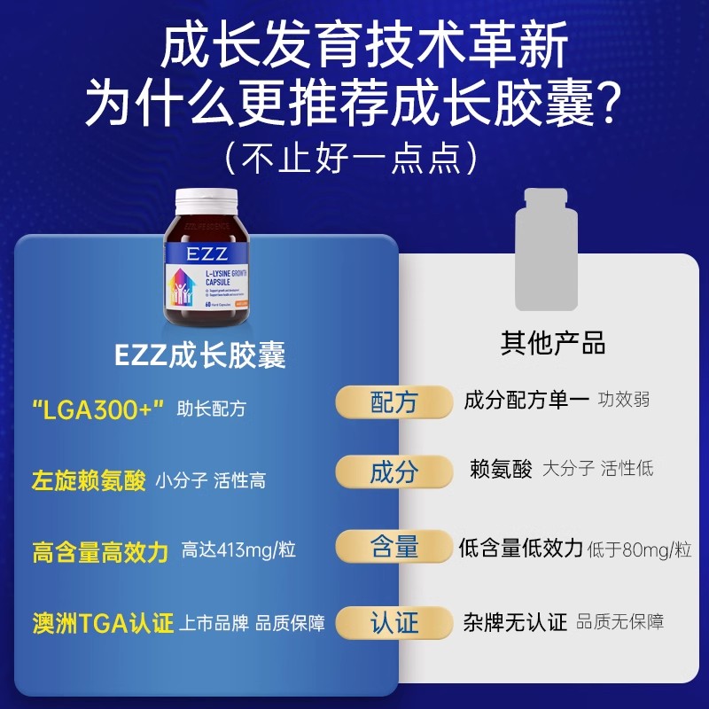 【3瓶装】EZZ进口成长胶囊发育活性赖氨酸碳酸钙片儿童学生青少年 - 图0