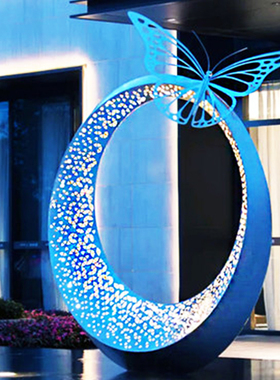 户外广场金属创意不锈p钢雕塑园林景观镂空月亮发光水景摆件艺术