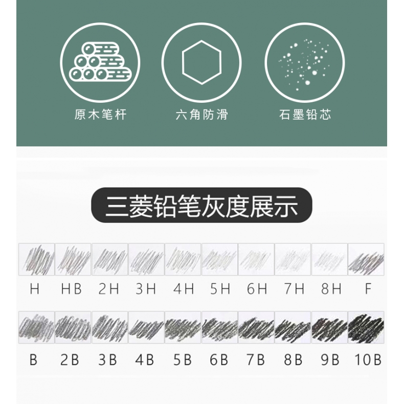 原装进口日本uni铅笔三菱铅笔9800素描铅笔绘图学生六角杆书写黑铅12支套装美术用品2B4B6B专业美术HB铅笔 - 图3