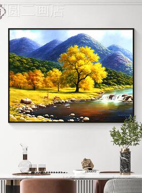 流水生财山水风餐村厅装饰画大芬油手绘景玄关挂画饭厅餐画桌壁画