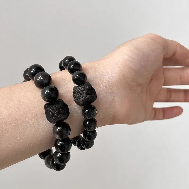 新中式祥瑞醒狮手串盘玩手链不掉色仿黑曜石情侣情人节礼物ins风 - 图2