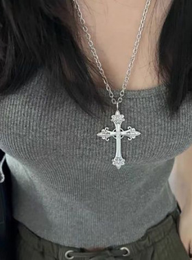 玫瑰花十字架项链个性韩版酷气bm同款银色大十字架雕花项链毛衣链