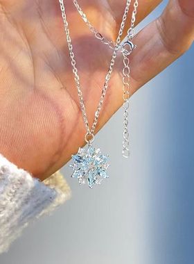 满钻闪钻天蓝色玻璃雪花项链时尚