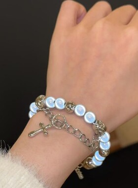 流光贝珠星星手链男女小众潮酷高颜值十字架反光镶嵌情侣闺蜜礼物