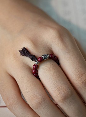 极速保真纯银新中式戒指t国潮复古流苏朱砂新款指环男女情侣可调