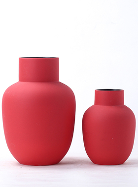 现代简约红色陶瓷花瓶摆件新中式样板间设计师款S创意插花器装饰