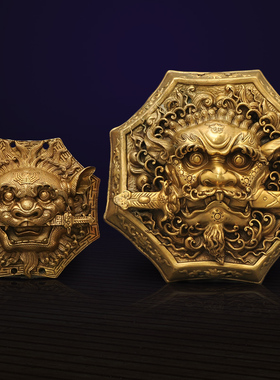 黄铜八角狮头摆件铜兽头八卦狮咬剑挂件L铜狮子睚眦风水墙饰门饰