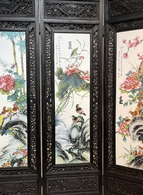 刘雨笒作品红木镶瓷板画粉彩花鸟春夏G秋冬四折折叠屏风古玩摆件