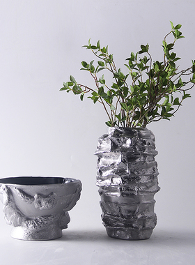 现代家居白色哑光l陶瓷花瓶样板房间客厅摆件售楼处电镀银异形花