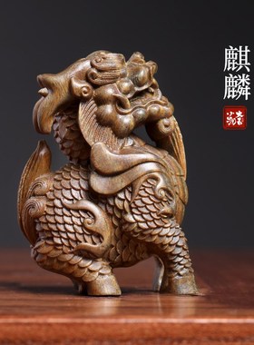 天然绿檀木雕麒麟神兽小摆u件随身文玩手把件实木雕刻创意书房镇