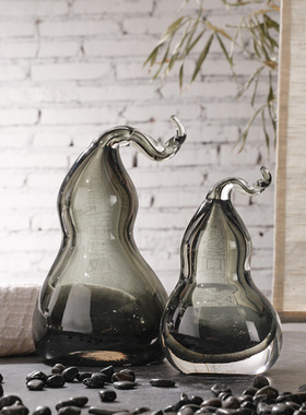 新中式创意家居样板间软装饰品灰黑色玻璃工艺品水晶葫Z芦摆件组