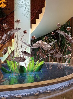 不锈钢荷花铁艺荷叶雕塑落u地摆件水池会所酒店展馆金属软装装饰