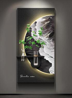 高级黑白砂岩水培绿植意式挂画道感壁画玄关入户装饰画立体走廊过