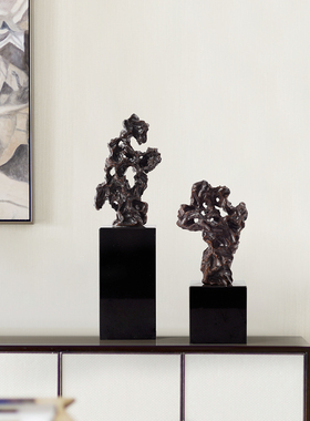 新中式陶瓷抽象太湖石摆件客厅玄关酒柜书柜O大理石底座小雕塑摆