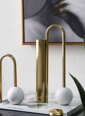 欧式轻奢现代镀铜金属p大理石摆件花器样板间酒店会所软装摆设装