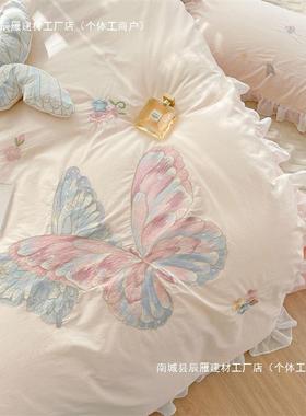 春夏季水洗棉四件套柔软裸睡纯棉床单绣花被套卡通田园风