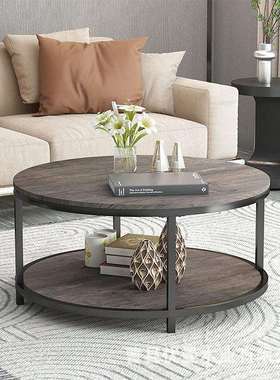 供应办公室圆形茶几家用客厅桌复古铁艺双层圆形桌