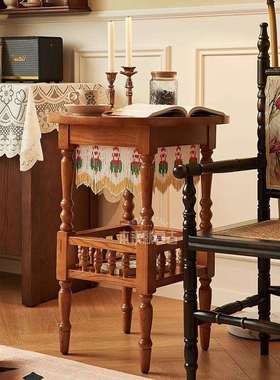 法式复古实木边几客厅家用高级感圆几美式中古风雕刻沙发旁小茶几