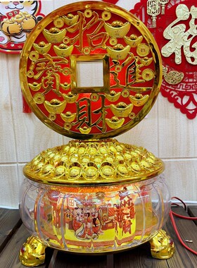 新年装饰招财用摆l件发光铜钱旋转灯酒店中商场橱窗柜台旺财用客