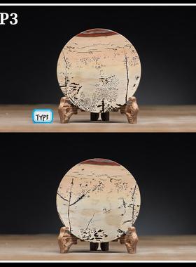 广西草花石国画石奇石11.8CM上漆大圆片薄片茶杯垫石摆件TYP1-50