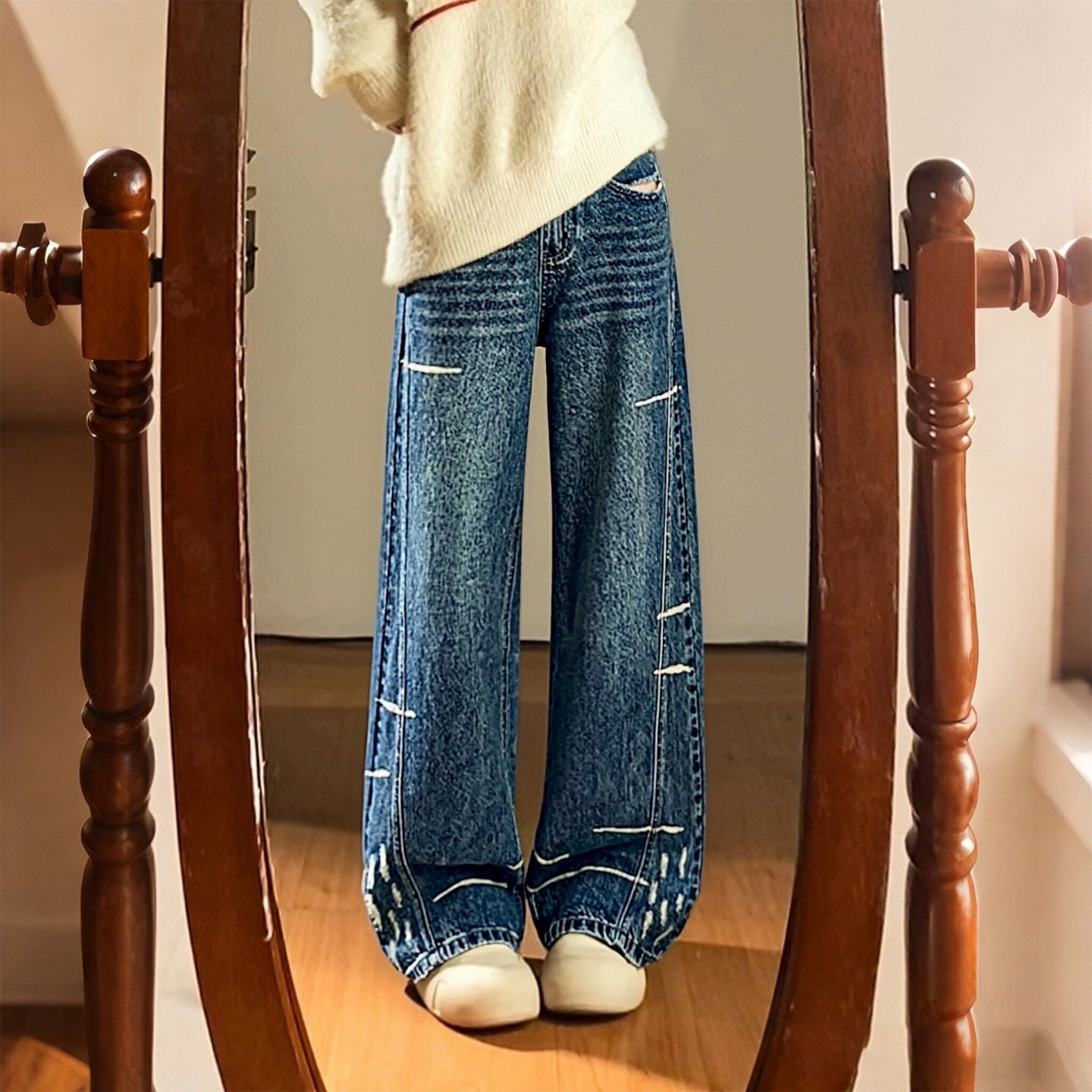 特大码女装胖mm设计感破洞阔腿牛仔裤女高腰显瘦百搭设计感直筒裤,淘宝优惠券,粉丝福利购,淘宝优惠卷