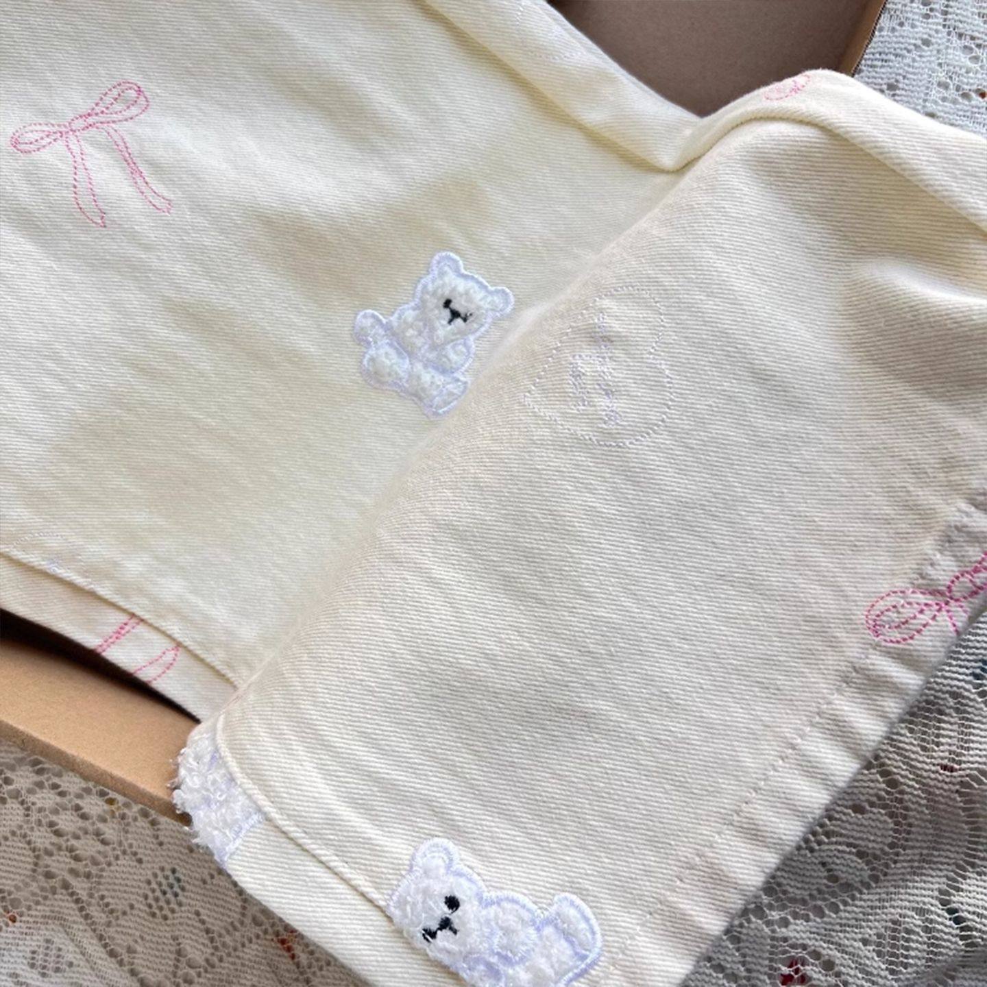 大码女装胖mm设计感小熊刺绣阔腿牛仔裤女梨型身材高腰显瘦直筒裤,淘宝优惠券,粉丝福利购,淘宝优惠卷