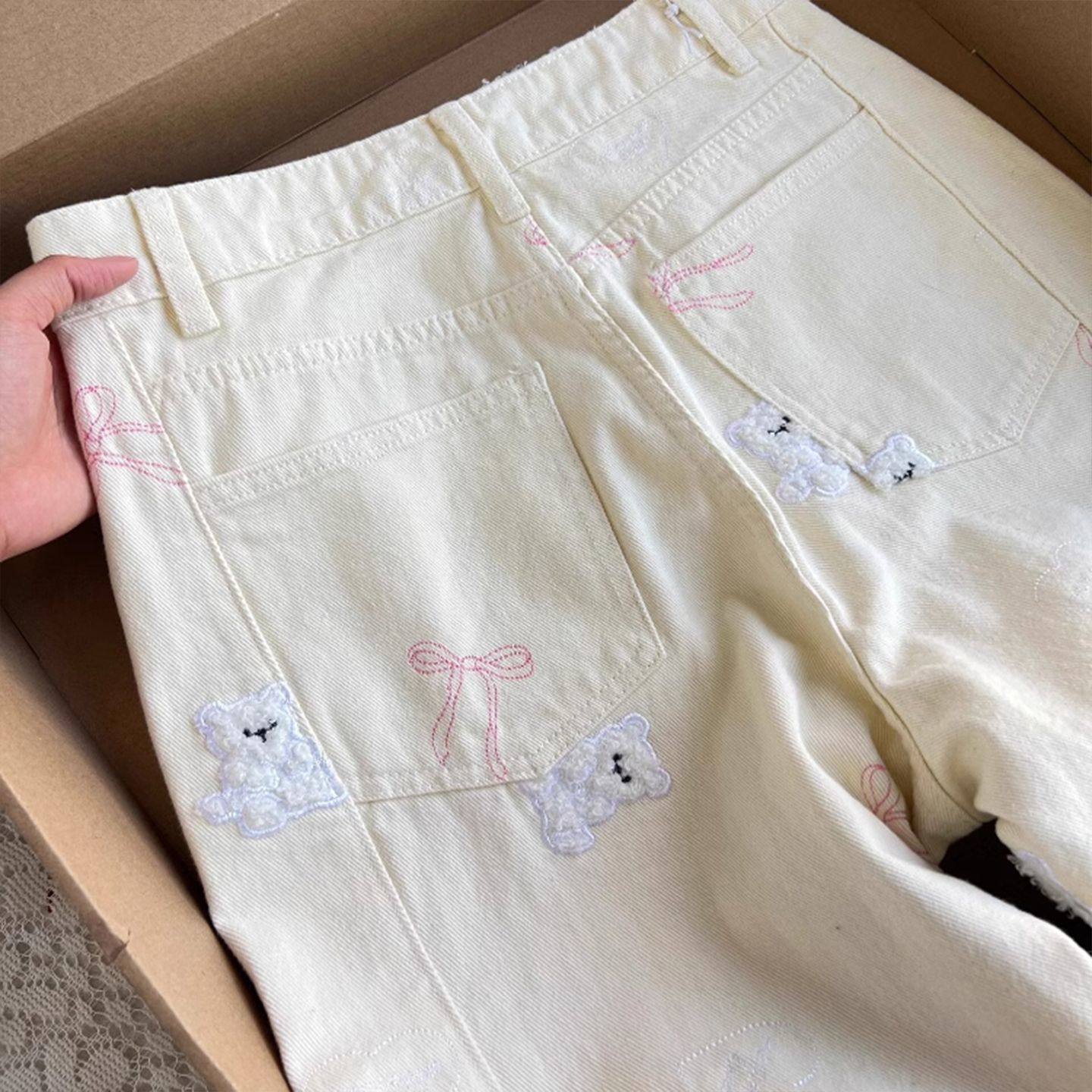 大码女装胖mm设计感小熊刺绣阔腿牛仔裤女梨型身材高腰显瘦直筒裤,淘宝优惠券,粉丝福利购,淘宝优惠卷