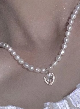 「奶油甜心」珍珠项链小粒精致桃心M爱心锁骨链颈链吊坠