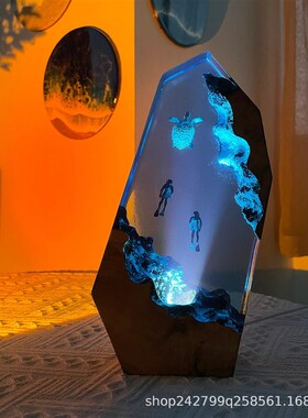 海龟和情侣潜水员小夜灯t大型环氧树脂木台灯家居装饰母亲节礼物