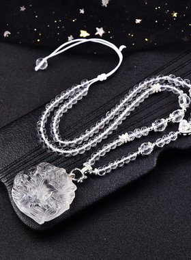 天然白水晶双面雕刻九尾狐狸项链 五仙狐狸项链毛衣链大量现货直