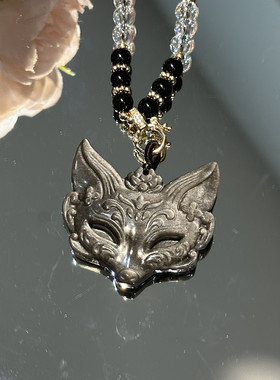 天然银曜石狐狸面具暗夜精灵既视感男女款情侣吊坠项链搭配万能