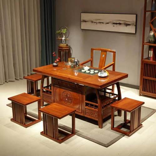 中式实木茶桌椅组合办公茶几套装会客厅喝茶桌格木花梨木功夫茶台 - 图0