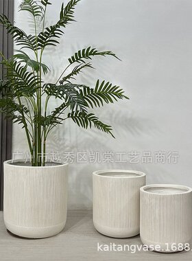 时尚条纹落地花瓶酒店展厅装饰家居氧化镁花盆插花写字楼绿植摆设