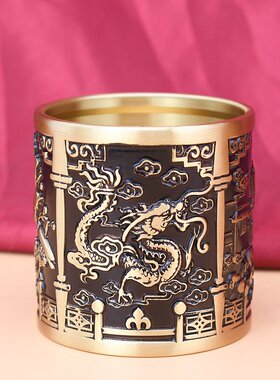 黄铜龙凤呈祥摆件百福雕刻茶桌纯铜笔筒桌面装饰纯铜实心铜制品批