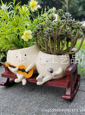 跨境创意多肉花盆树脂装饰摆件家居庭院唱歌款多肉花盆工艺品