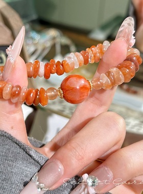 天然红胶花碎石手串搭配12mm顶珠高级设计感百搭水晶手串送人礼物