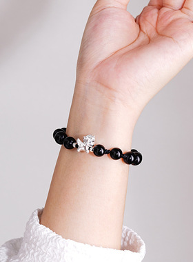 马年生肖本命年黑曜石串珠手绳女仿银饰猫眼石粉水晶手串情侣手串