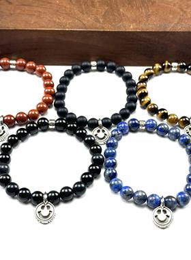 WANGWANG鸢尾花925纯银笑脸双银十字银饰8MM绿松石玛瑙潮流银手链