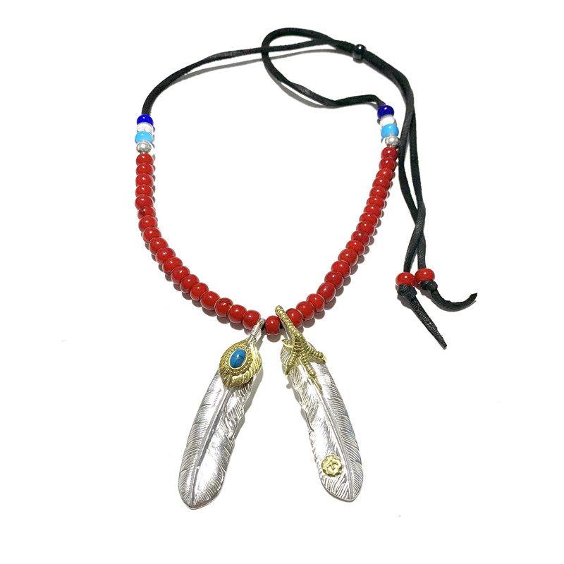 WANGWANG高桥925纯银绿松石鹰抓点金羽毛吊坠鹿皮绳情侣银饰项链,淘宝优惠券,粉丝福利购,淘宝优惠卷