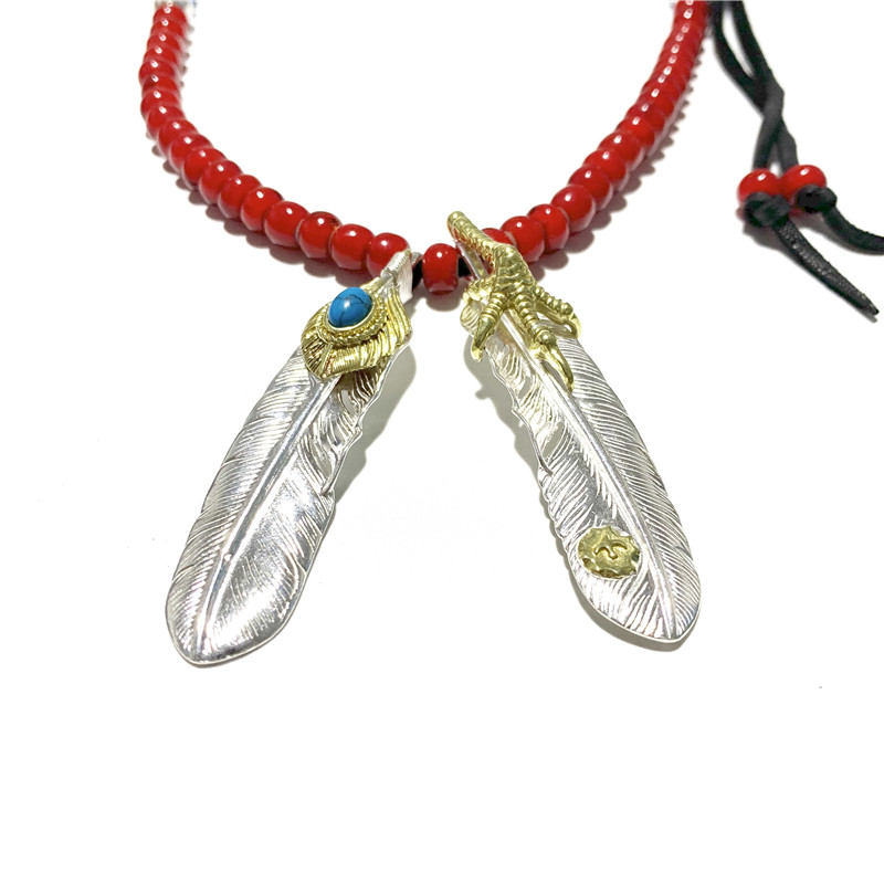 WANGWANG高桥925纯银绿松石鹰抓点金羽毛吊坠鹿皮绳情侣银饰项链,淘宝优惠券,粉丝福利购,淘宝优惠卷