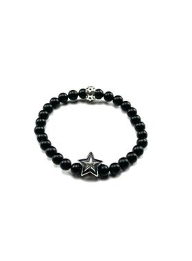 WANGWANG925纯银6mm双银饰十字花五角星绿松石黑玛瑙潮流银手链