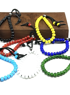 WANGWANG手工白芯琉璃珠8mm925银鹿皮绳情侣复古潮流复古手链手串