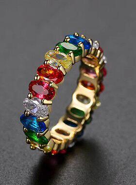 外贸出口彩虹满天星超闪彩色锆石小众时尚满钻奢华戒指女欧美镀金