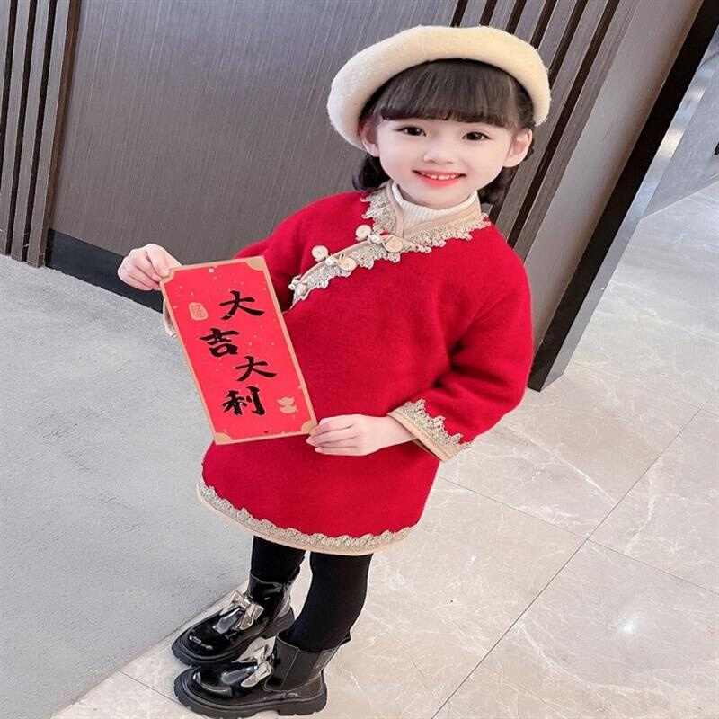 女童旗袍裙拜年服秋冬季儿童新年衣服红色洋装中国风小女孩过年 - 图0
